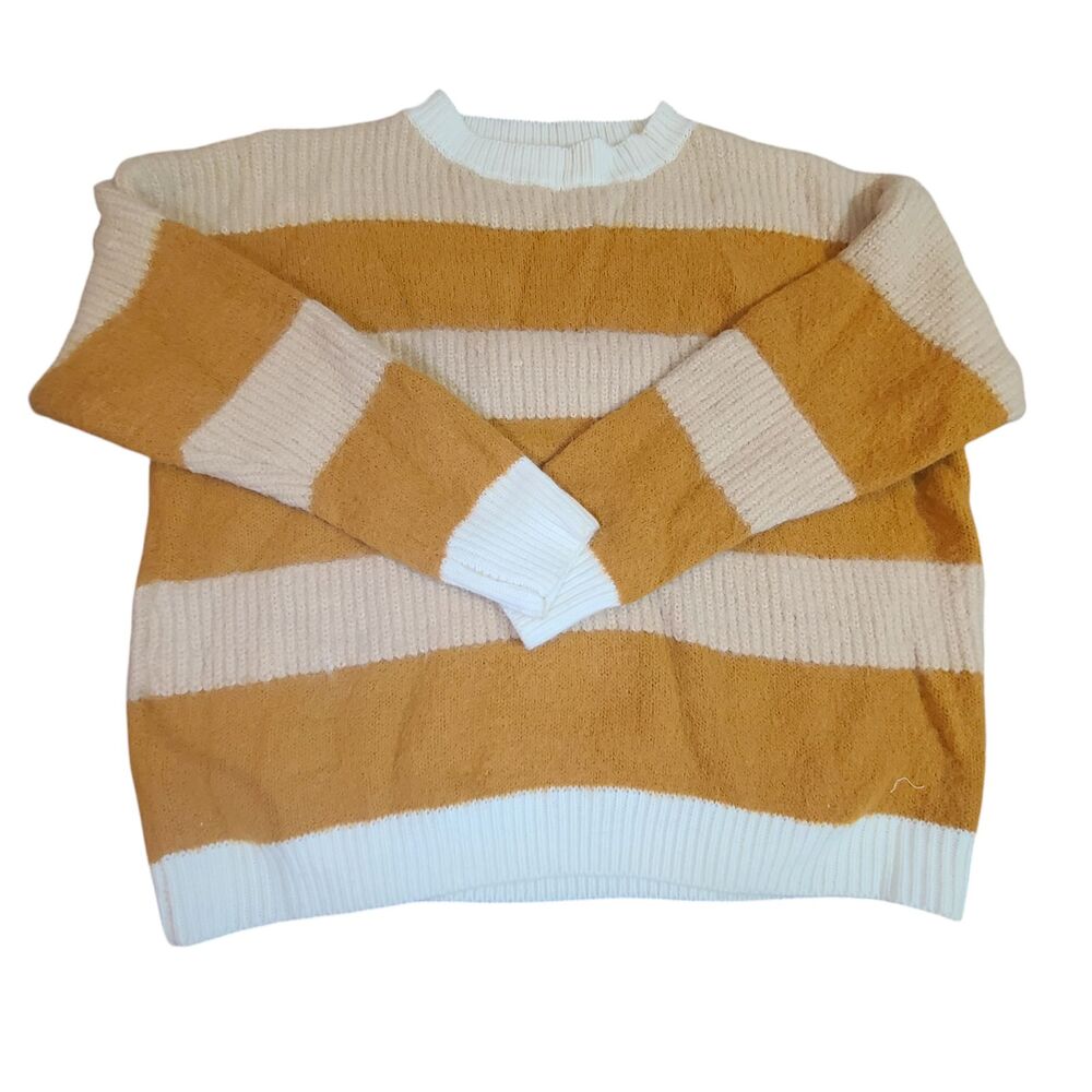Main Strip Womens Large Sweater Orange Peach White Stripe Pullover Long Sleeve